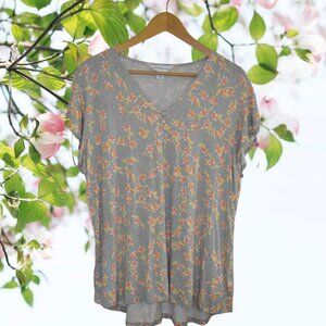 NWT Liz Claiborne Muted Floral T Shirt Button Detail Size XXL Gray Yellow Orange